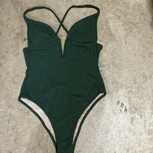 Shade & Shore Forest Green Ribbed V-Front One-Piece Swimsuit